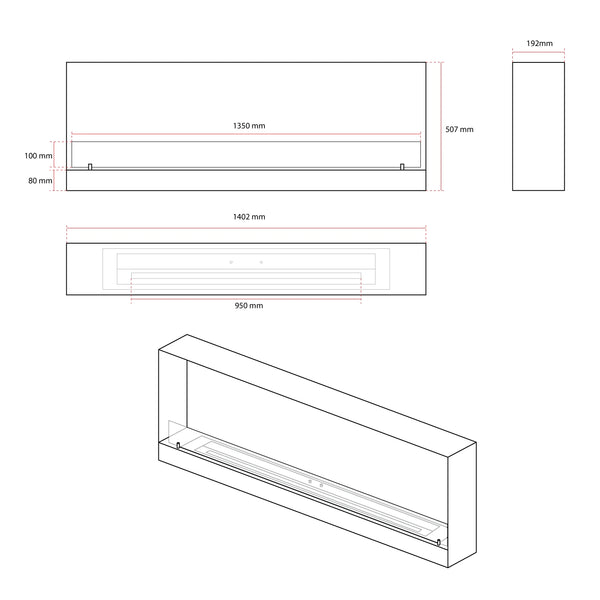 140 cm Black Built-in Bioethanol Fireplace