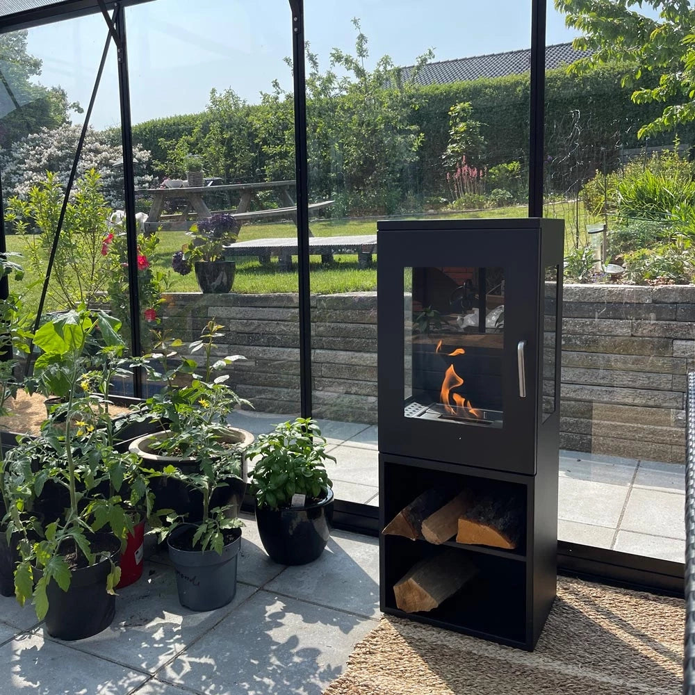 ethanol fireplace in greenhouse