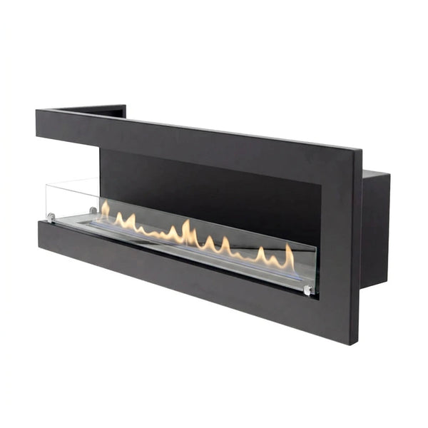 Corner bioethanol fireplace 115 cm, left model, on white background, lit with a realistic flame