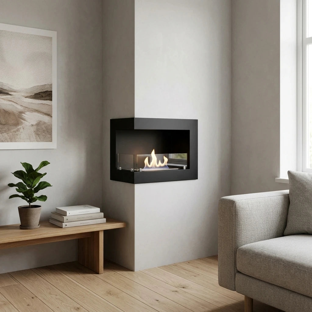 Left-facing corner bio fireplace built into a light wall in a Scandinavian living room, lit realistic flame