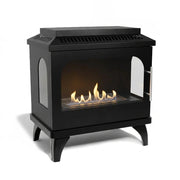 ScandiFlames Atlanta Single bioethanol stove with lit flame, angled studio view