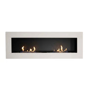 Murus 1600 matte white bio fireplace, front view on white background, lit with a realistic flame