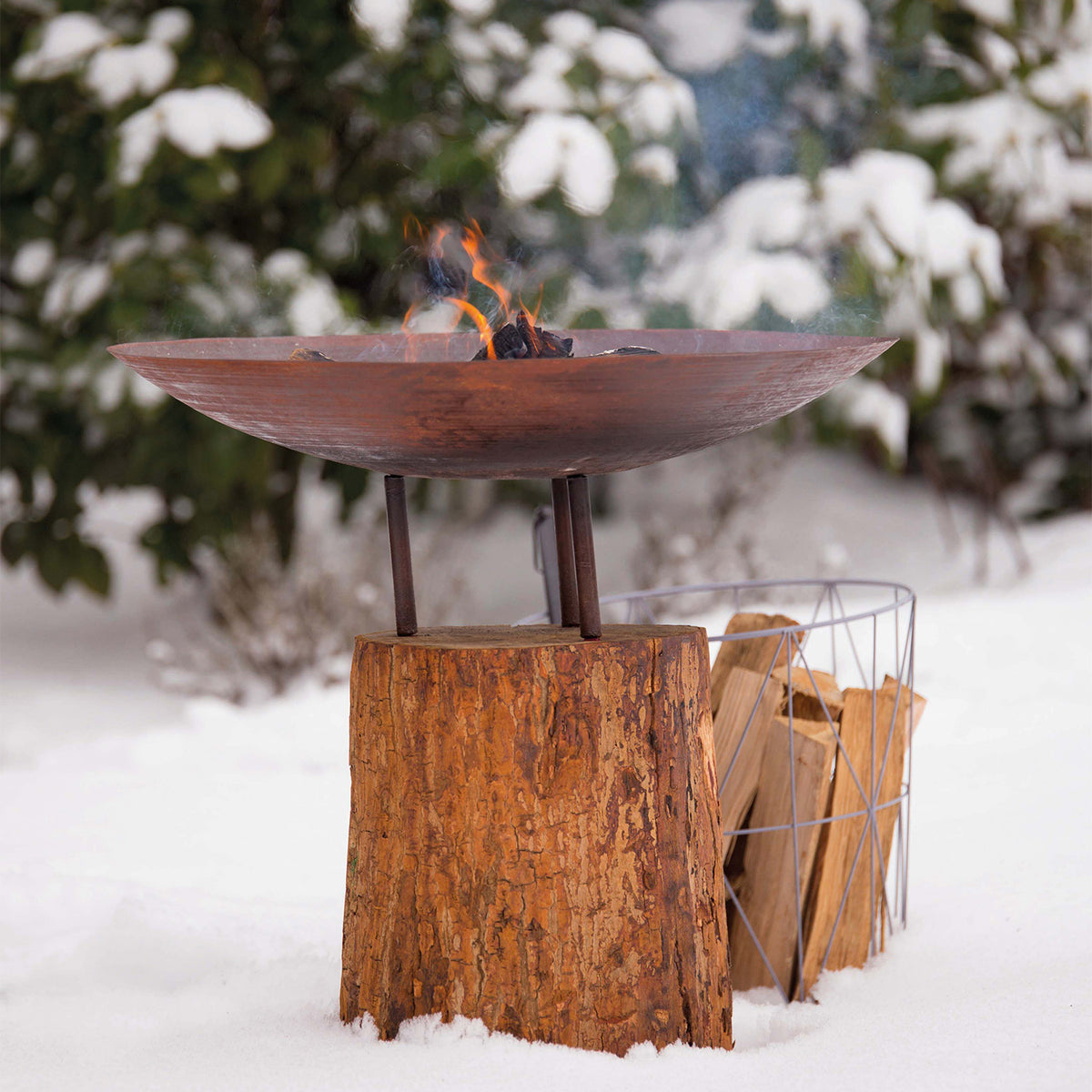 Corten Steel Firepit on a Wooden Base