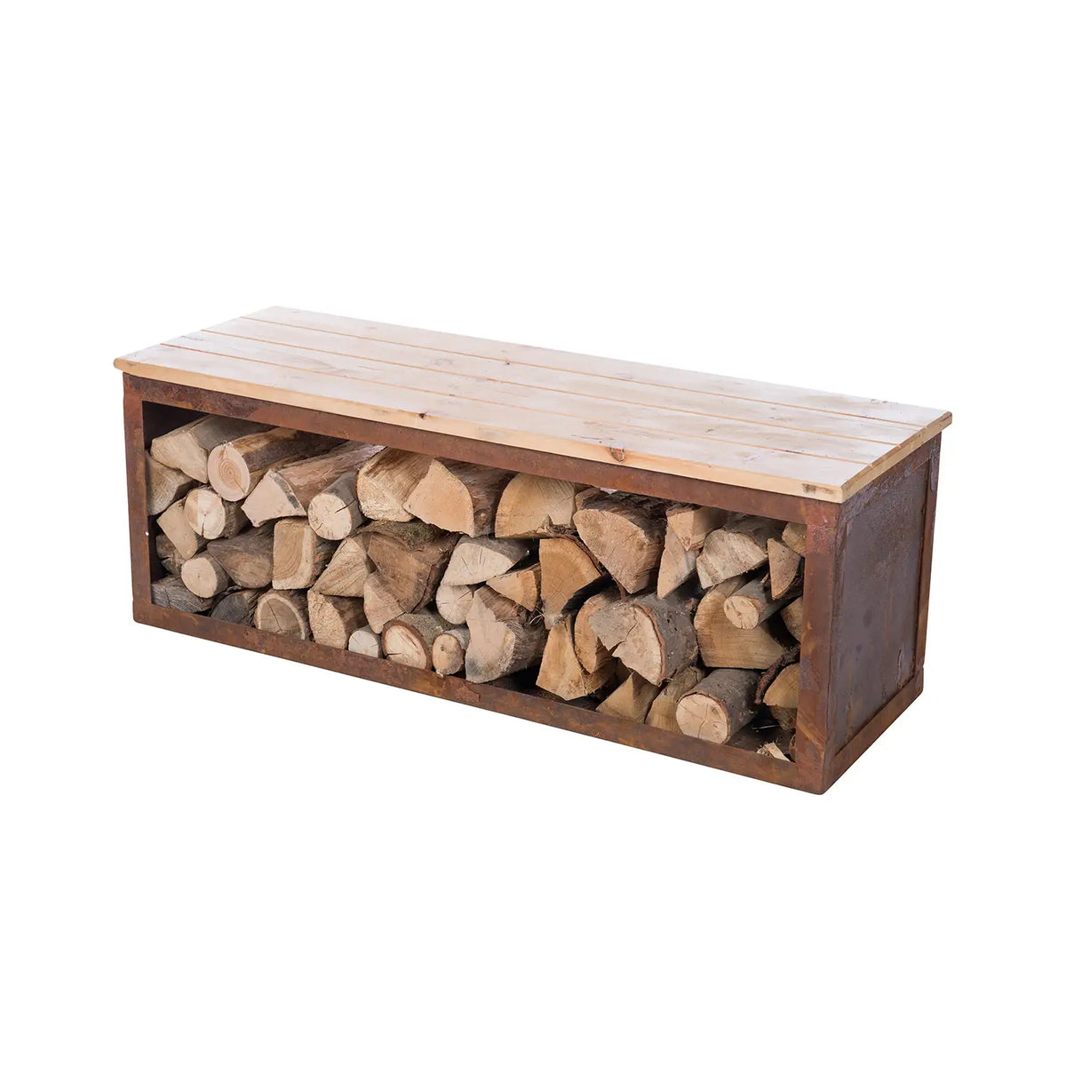 Tyr Wood Storage Bench in Corten Steel