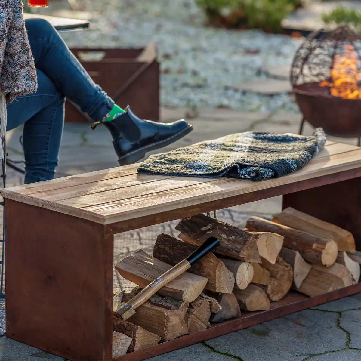 Tyr Wood Storage Bench in Corten Steel