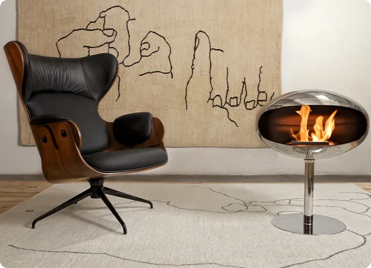 Cocoon Fires Pedestal stainless steel in livingroom setting