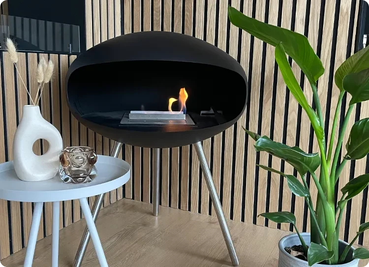 cocoon terra black and steel freestanding bioethanol fireplace