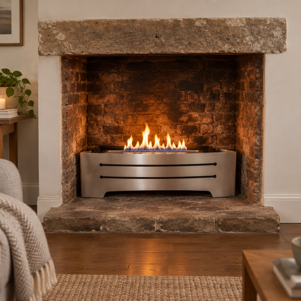 Bio ethanol fire basket insert retrofitted into an old, previously-used sooty brick fireplace, lit flame, cozy living room setting
