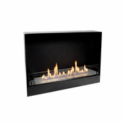 60 cm black bio fire wall insert with a lit natural flame, angled studio view