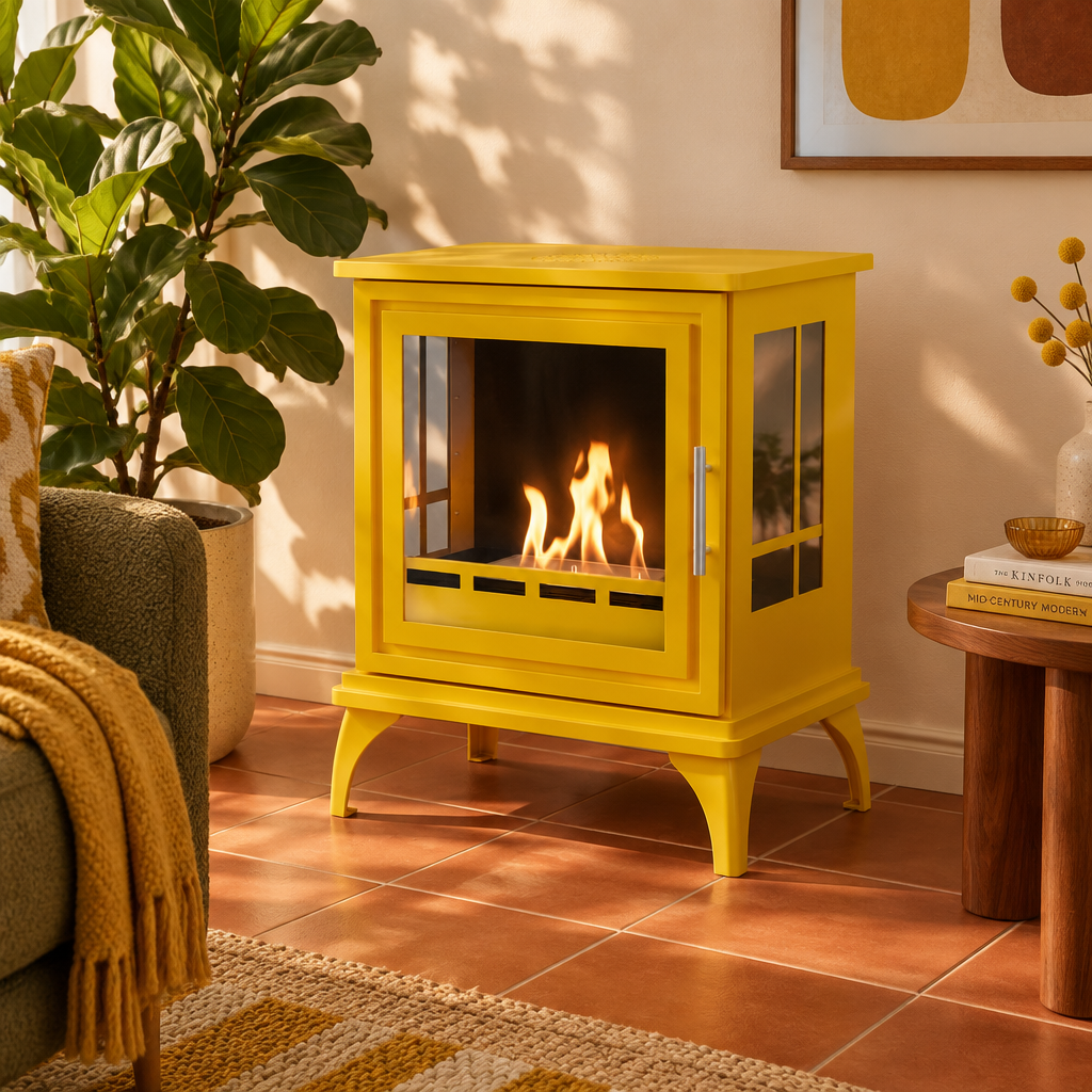 ScandiFlames Nashville yellow bioethanol stove in a mid-century modern living room corner