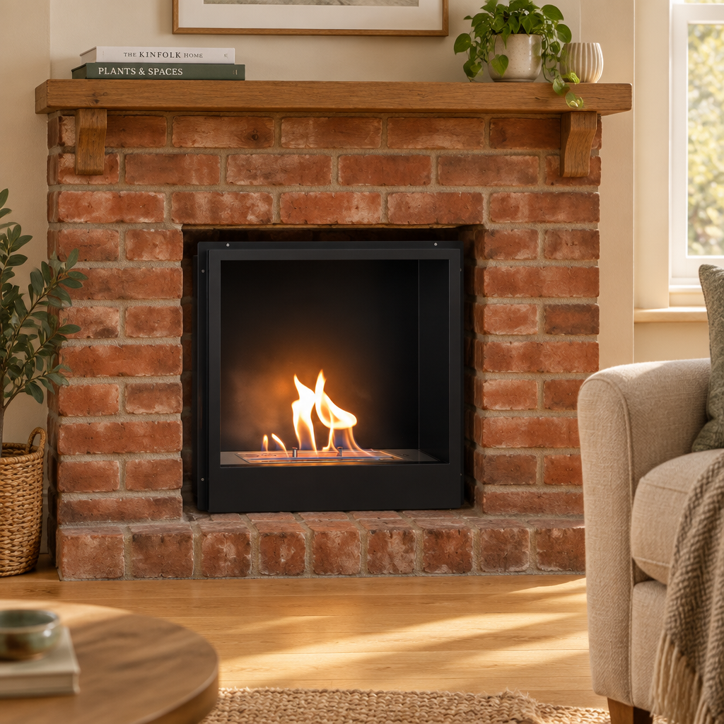 Surtur 18-inch bioethanol fireplace insert retrofitted into a red brick fireplace opening with a wooden mantel