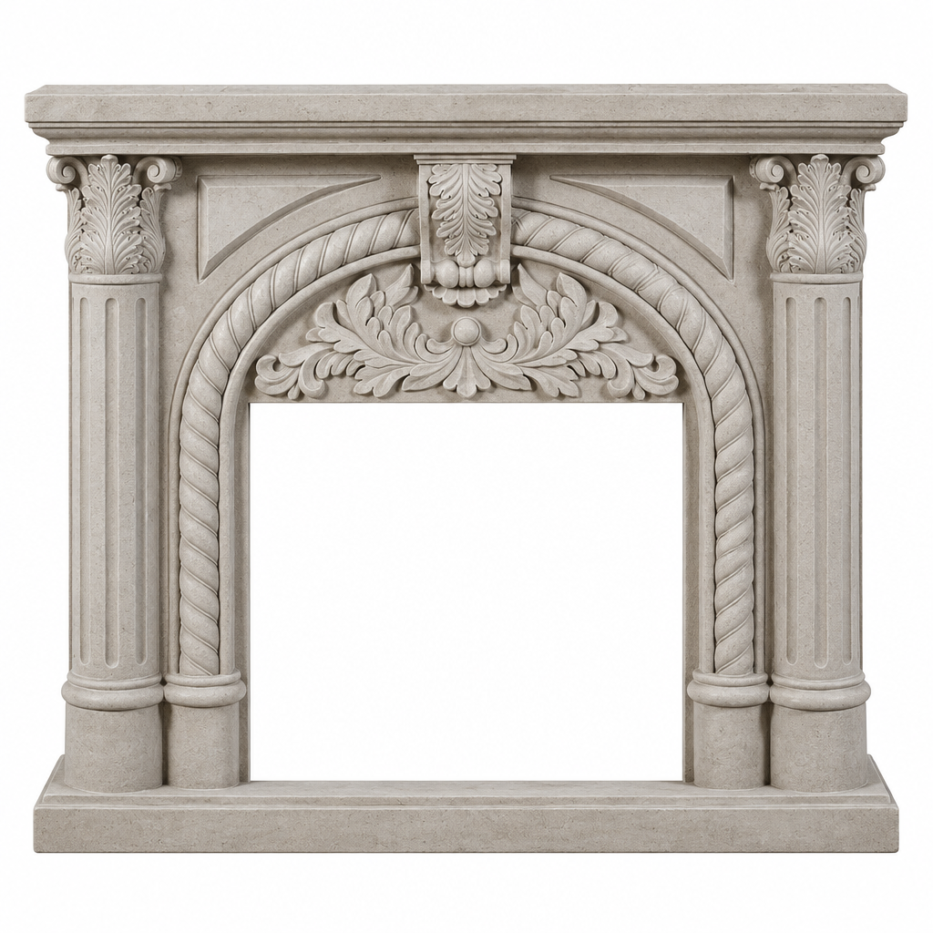 Embla freestanding polystone fireplace surround, front view, empty opening, insert sold separately