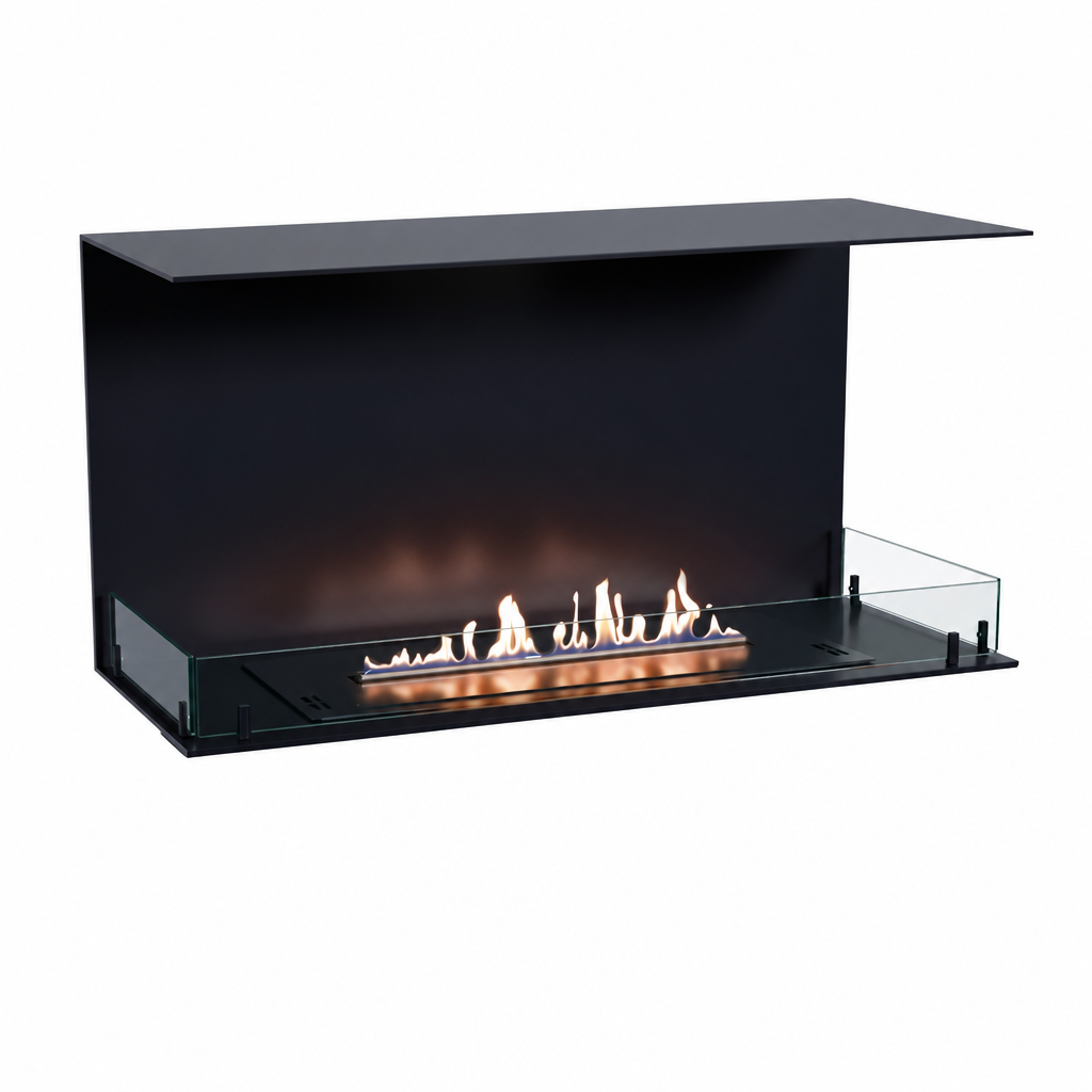 Foco Three 1000 with a realistic lit ethanol flame, white-background studio shot.