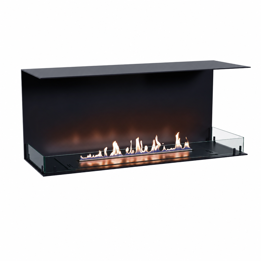 Foco Three 1200 with a realistic lit ethanol flame, white-background studio shot.