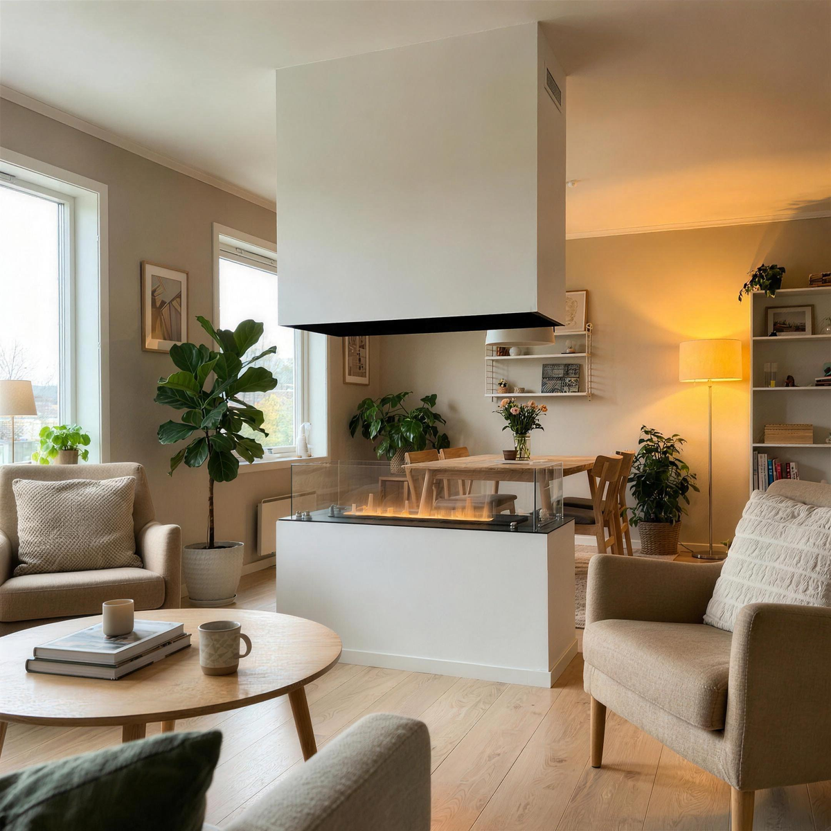 Foco Myst Four 1000 water vapour fireplace built into a white floating console between a living area and dining area, with a lit water vapour flame, in a bright Scandinavian living room