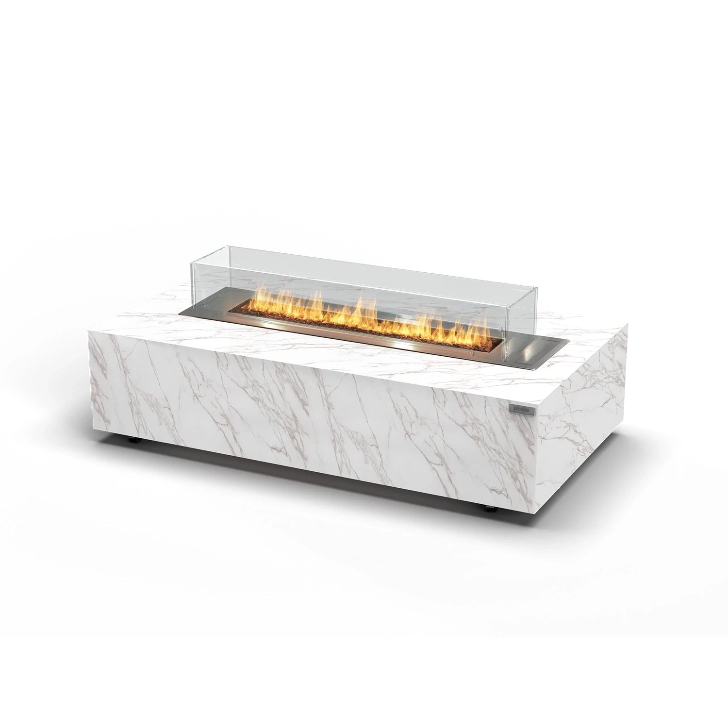 Planika Cabo bioethanol firaplace table with a frame of Cosentino dekton marble plates in Daze or Laurent finish