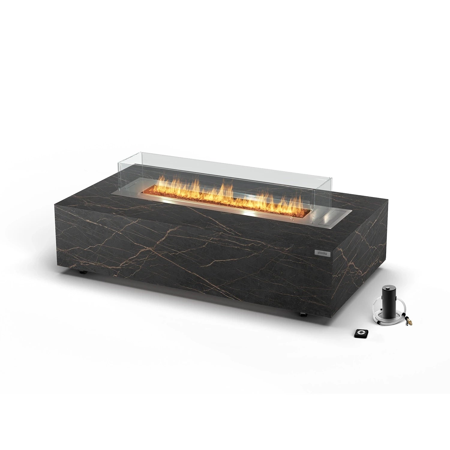 Planika Cabo bioethanol firaplace table with a frame of Cosentino dekton marble plates in Daze or Laurent finish