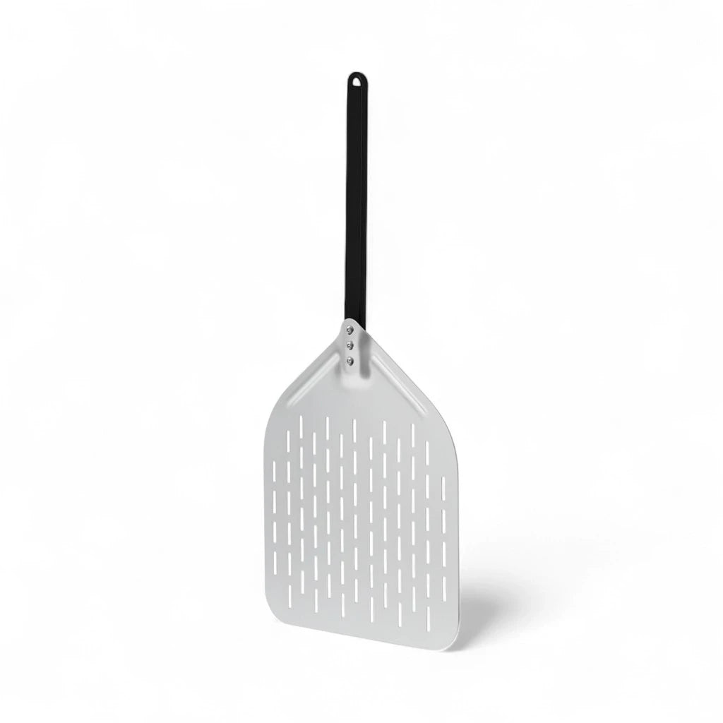 Perforated 33 cm aluminium pizza peel with black detachable handle