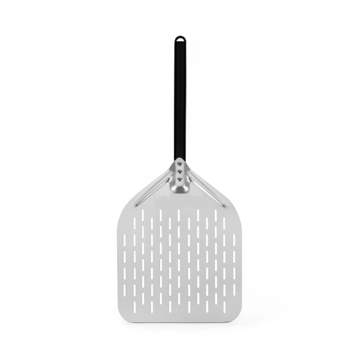 Perforated 33 cm aluminium pizza peel with black detachable handle