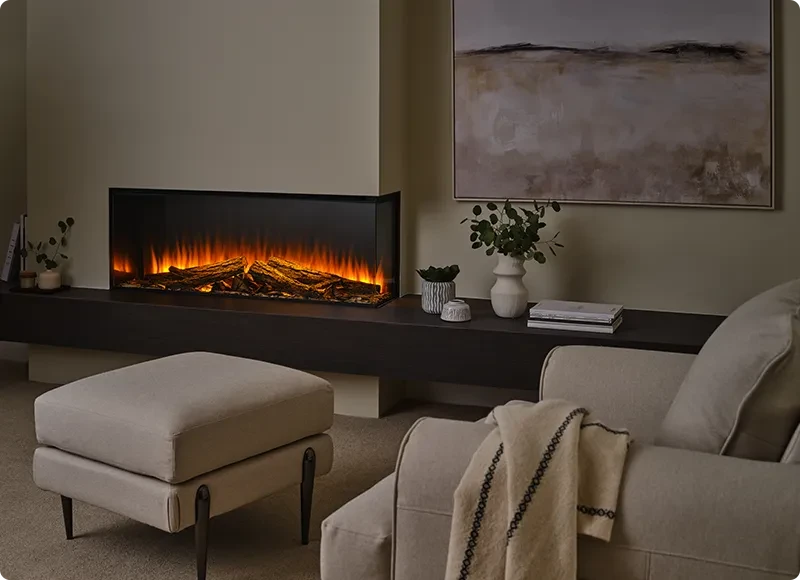 two sided electric fireplace in a living room
