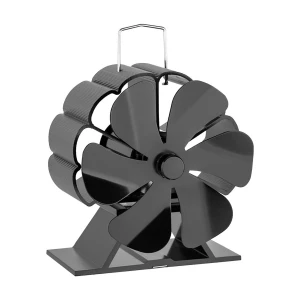 Black heat-powered stove fan with 6 steel blades, designed for wood stoves and bioethanol fireplaces, enhancing heat distributio