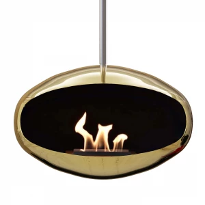 Cocoon Fires Aeris ceiling mounted bioethanol fireplace in polished brass