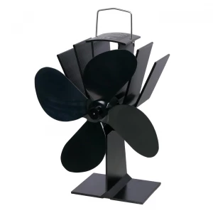 Black heat-powered stove fan with 4 steel blades, designed for wood stoves and bioethanol fireplaces, improving heat distributio