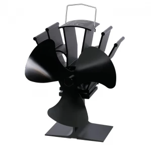 Black heat-powered stove fan with 3 steel blades, designed for wood stoves and bioethanol fireplaces, distributing heat efficien