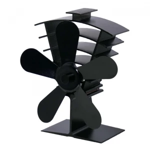 Black heat-powered stove fan with 5 steel blades, designed for wood stoves and bioethanol fireplaces, improving heat distributio