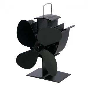 Compact black heat-powered stove fan with 4 curved steel blades, designed for wood stoves and bioethanol fireplaces.