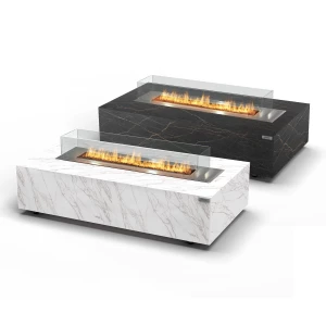 Planika Cabo bioethanol firaplace table with a frame of Cosentino dekton marble plates in Daze or Laurent finish