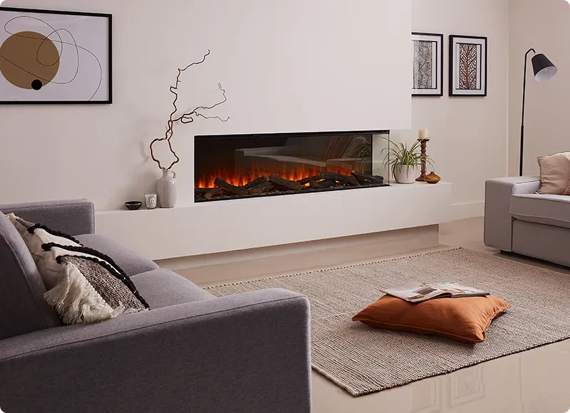 Two sided electric fireplace built into corner wall